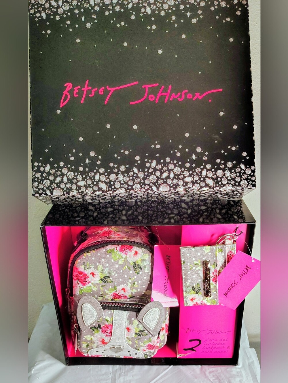 Betsey Johnson Pink & Gray Floral Mini Backpack Set
